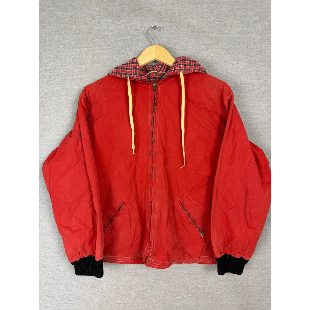 Vintage 50s Red Thermal Lined Hoodie Plaid Zip Up Canvas Jacket Mens Medium